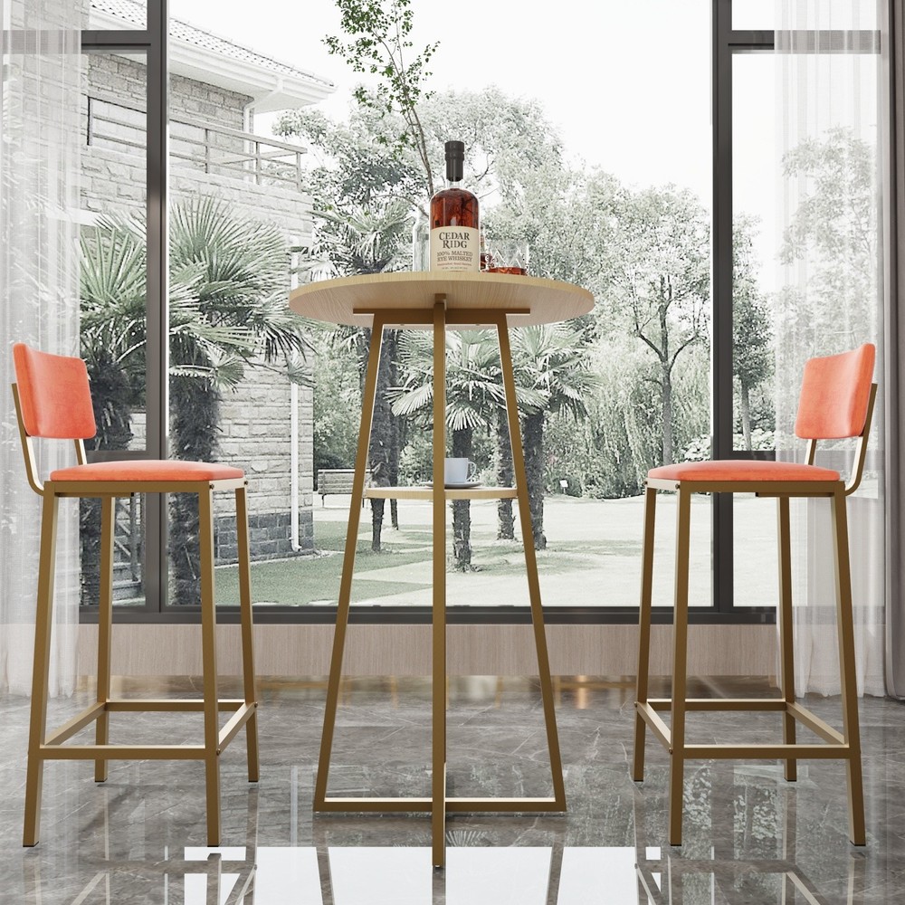 3 Piece Bar Table Set Counter Height Kitchen Round Dining Table w/ 2 Bar Chairs