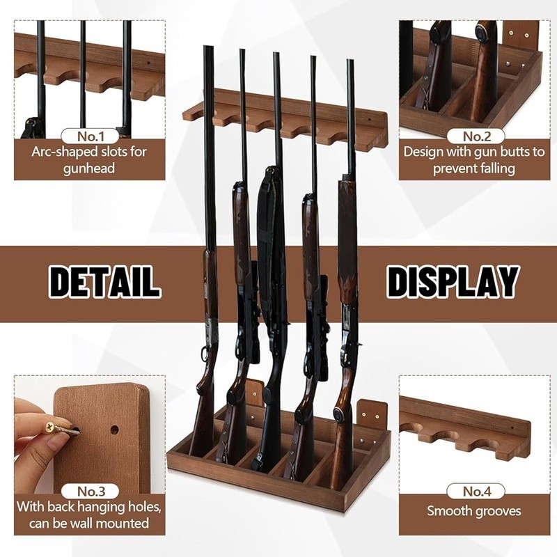 Wall Mounted Wood Gun Rack Vertical Organizer Holds 5 Firearms Storage Solution