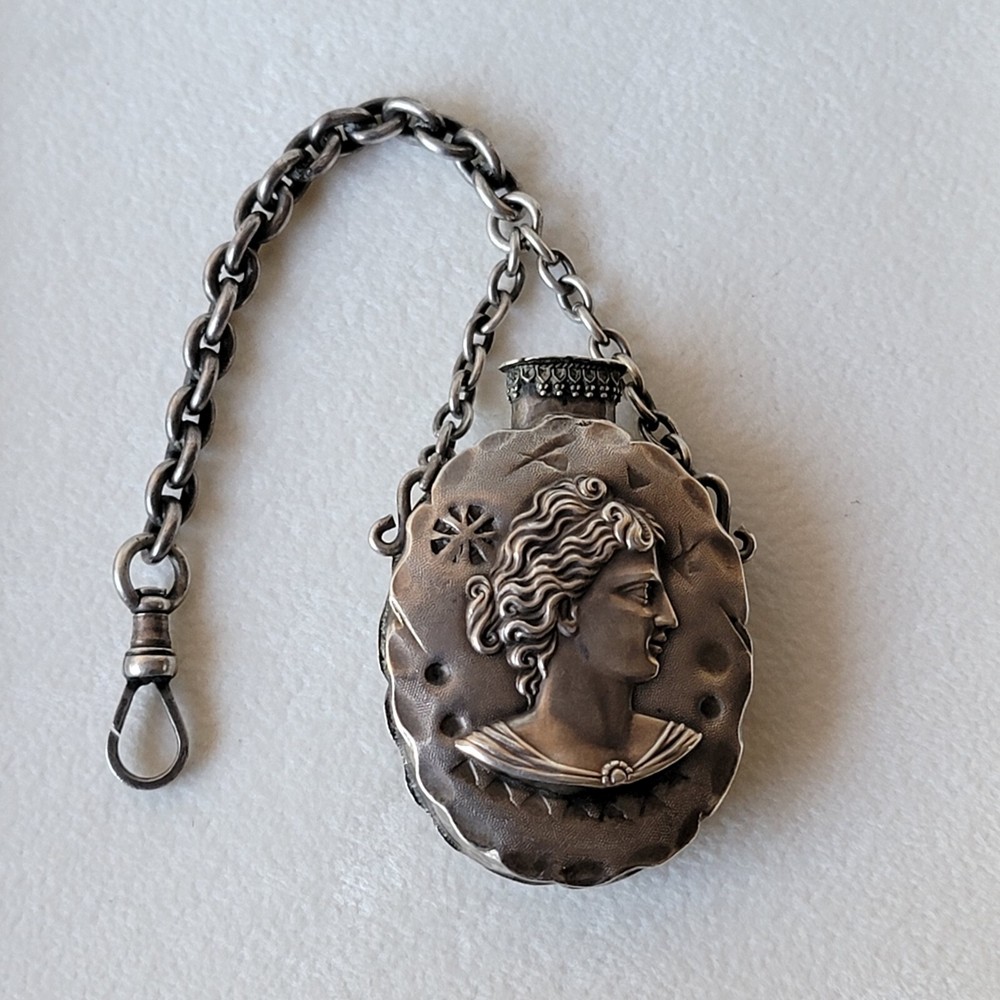 Old Sterling Silver Perfume Decorative Bottle Poseidon? Chatelaine