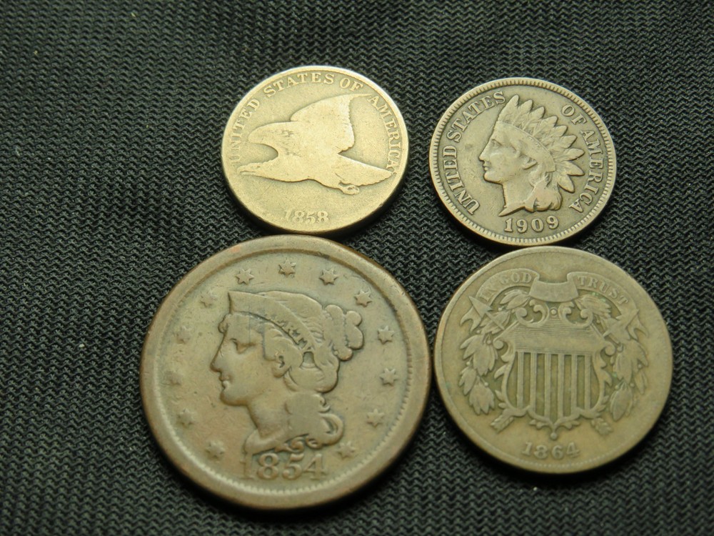 1854  Large Cent 1909 Indian cent 1858 Flying Eagle 1864 Two cent Piece Type set