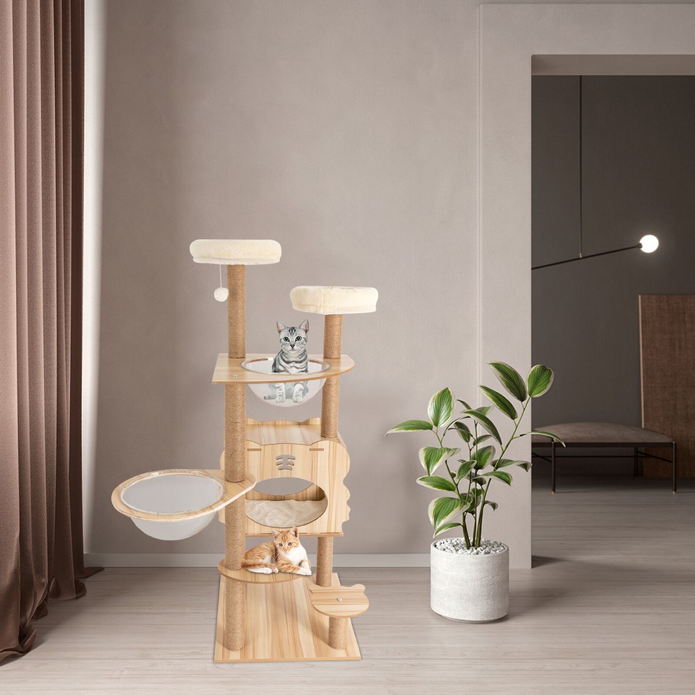 Cat Tree Tower Tall Scratching Post Activity Centre with Den Beige Large 137cm