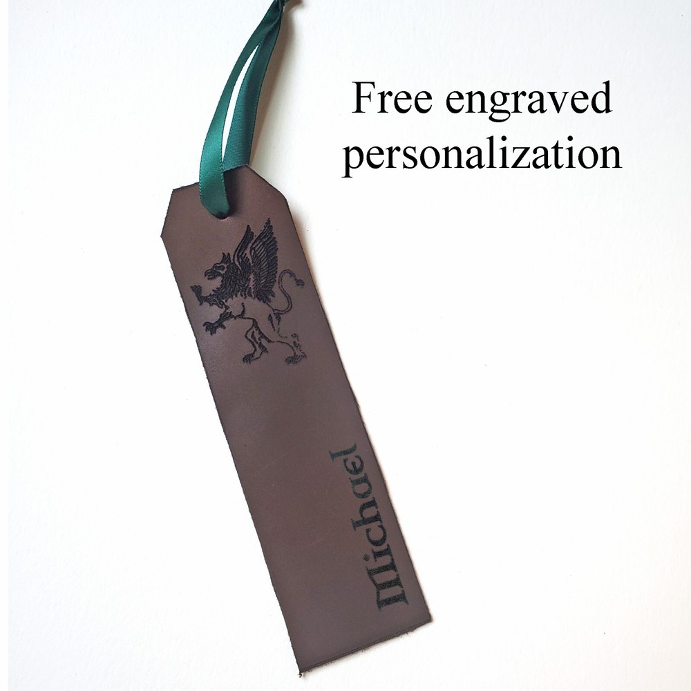 Griffin Design Leather Bookmark, Engraved Personalization, Gryphon Bookmark