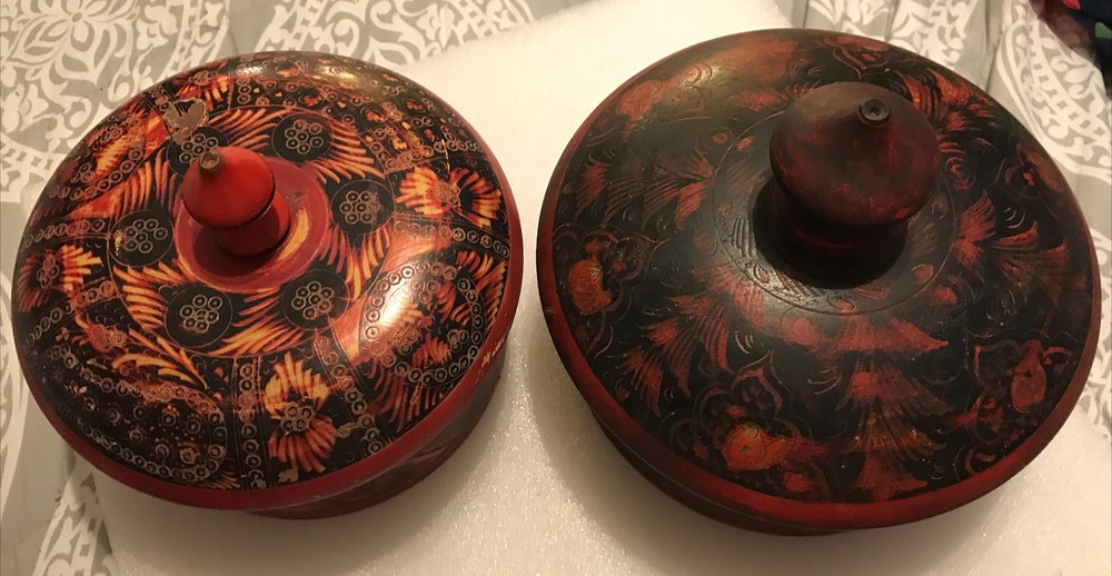 (2) Spice Boxes ~ Middle Eastern ~ Rosewood Painted Lacquered Spice Box