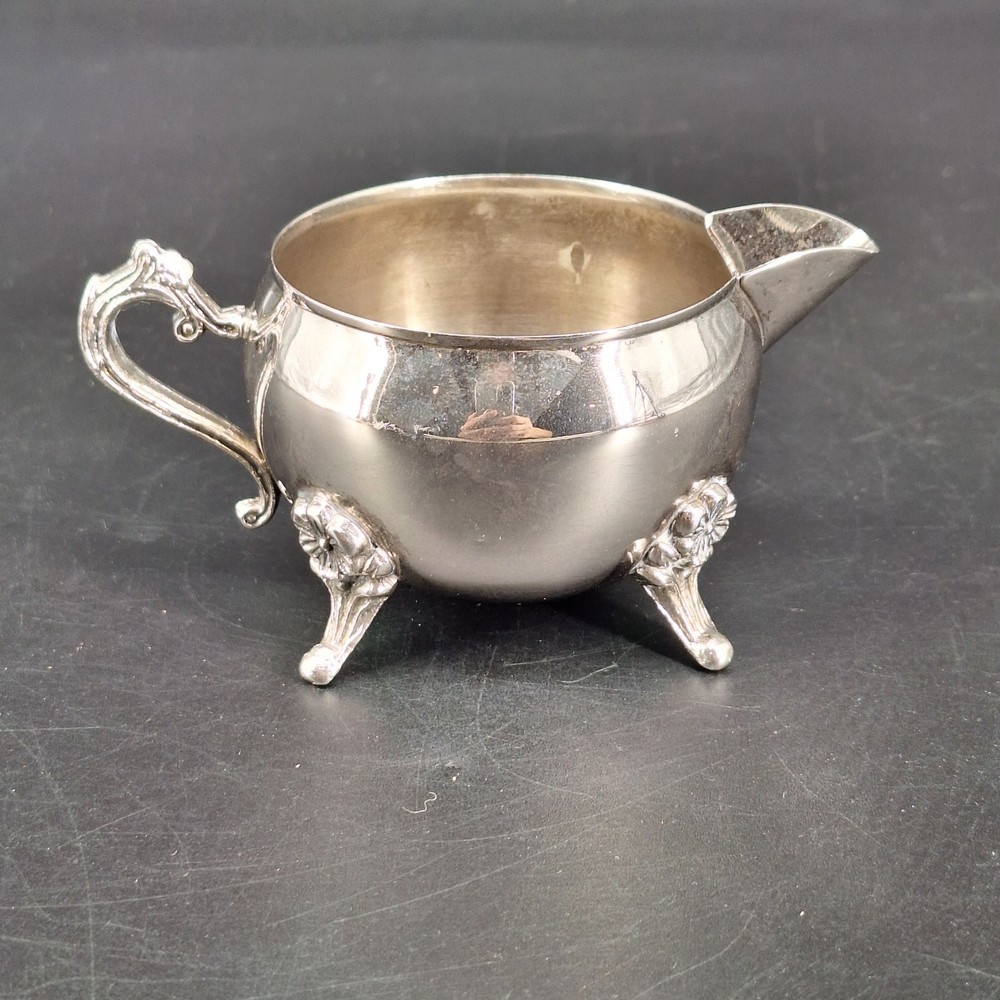 Vintage Silverplate Footed Creamer Pitcher Ornate Floral Feet Scroll Handle