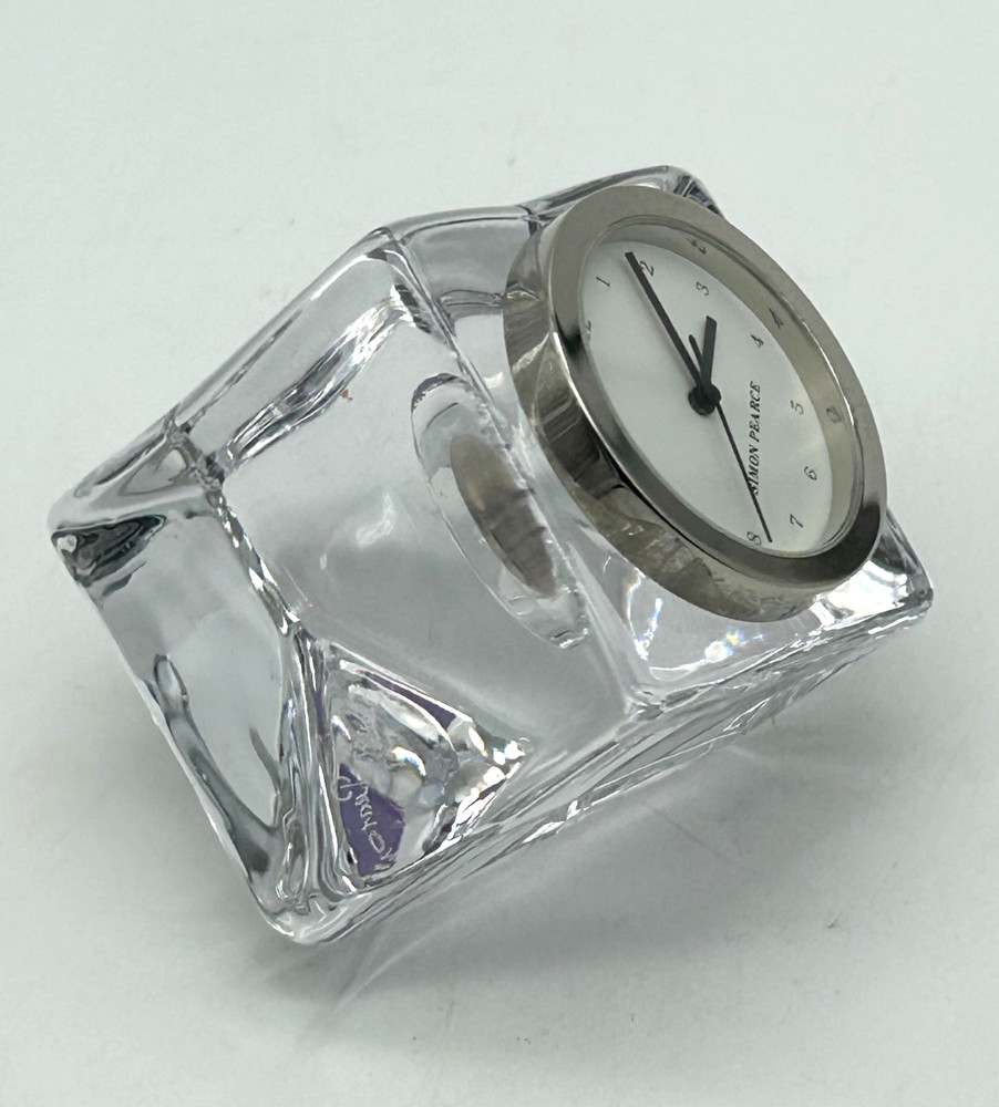 Simon Pearce Clear Glass Small Angled Cube Desk Clock ~ 2" Tall ~ Signed