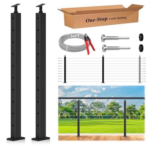 Complete Set Cable Railing Post Kit, 2 Pack Level 36" 1 Level Posts Kit-2 Pack