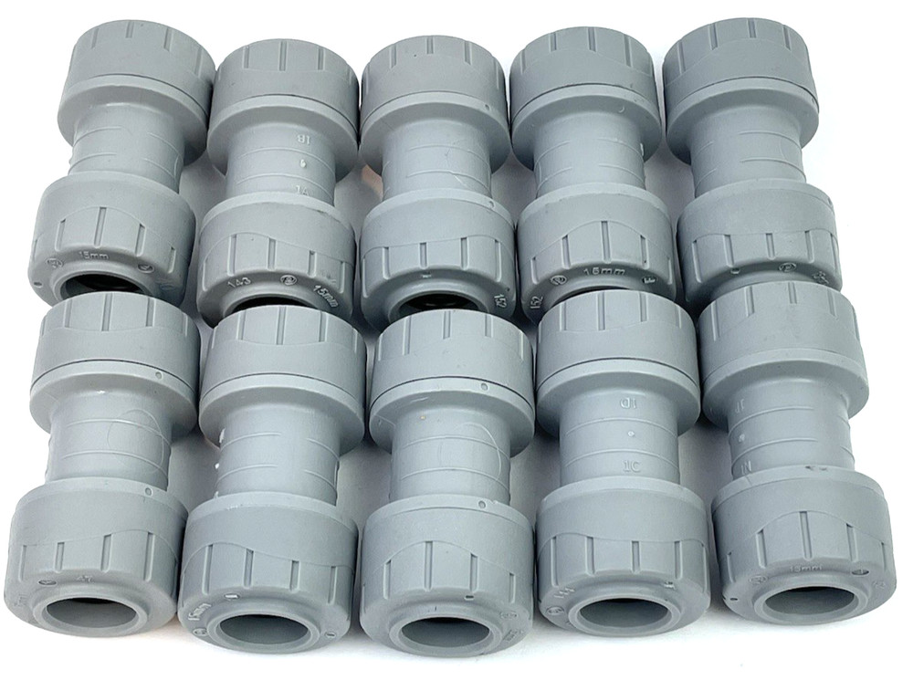 10 pcs Polypipe PolyPlumb Push-fit 15mm Straight Coupler Grey PB015