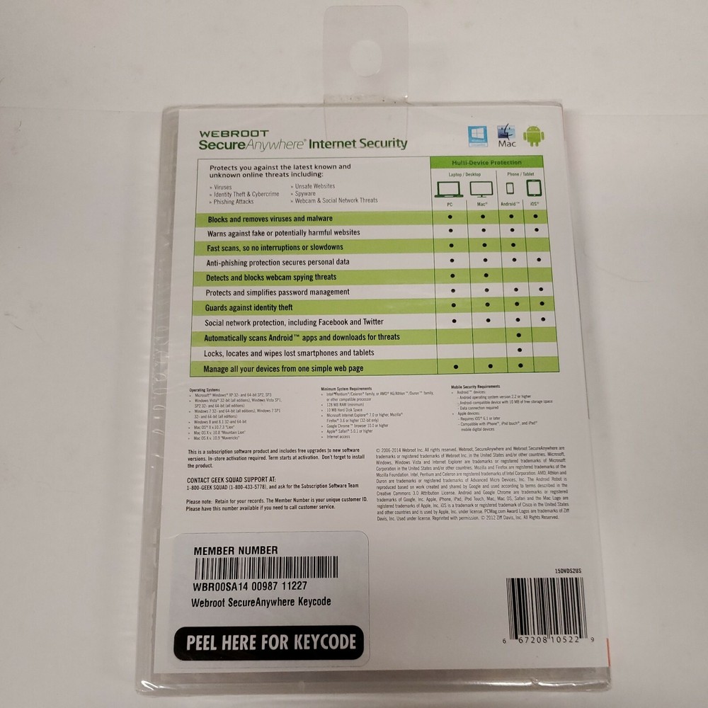 New Webroot SecureAnywhere Internet Security & Antivirus Windows & Mac 3 Devices