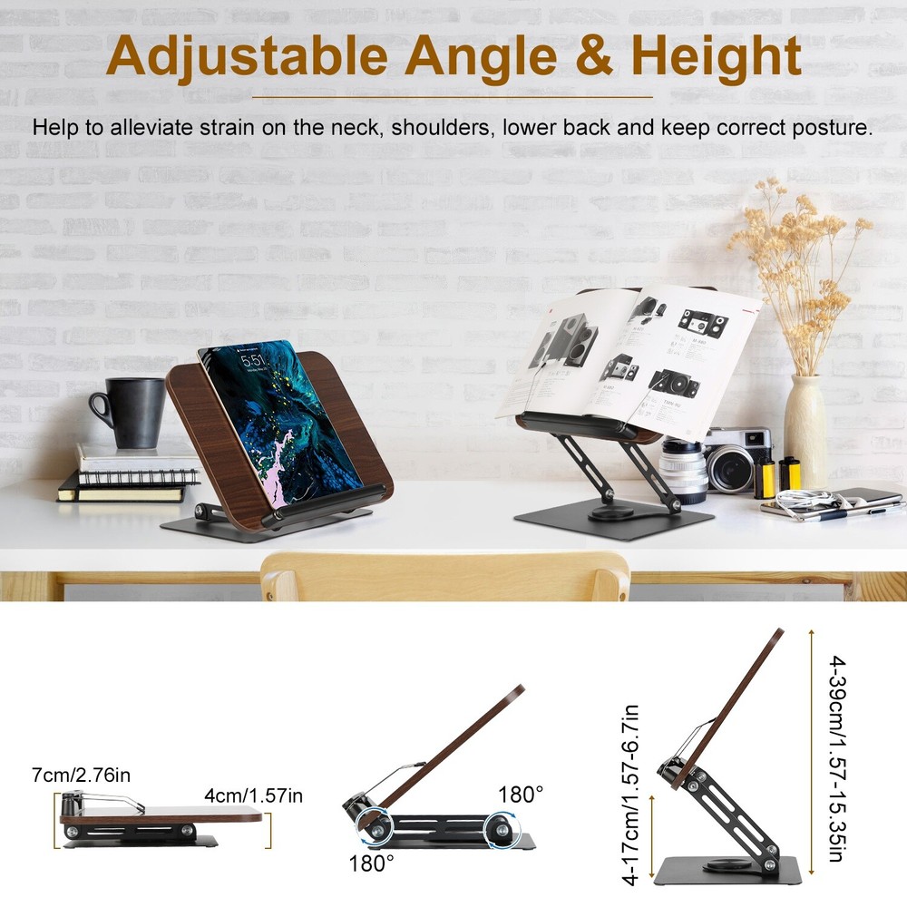 Foldable Book Stand Adjustable Height Book Holder Paper Clips with Rotating Base