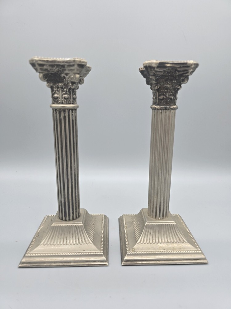 Antique Silver Plate Column Candle Sticks Pair