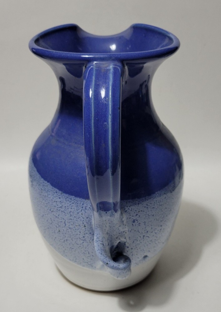 Signed Studio Art Pottery Blue White Pitcher With Twisted Handle
