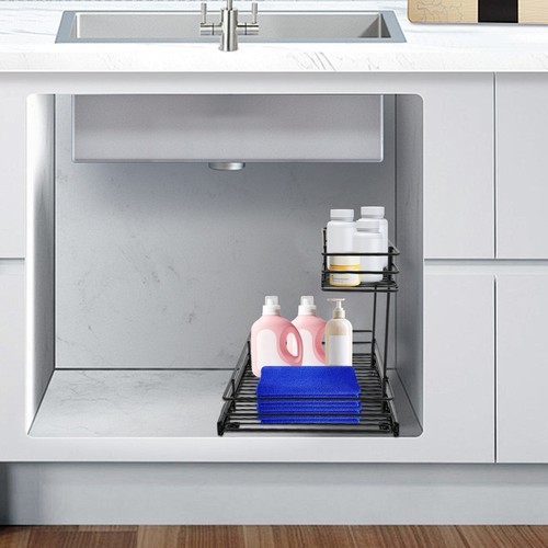 2-Tier Pull-out Cabinet Storage Rack, Sliding Out Storage Rack Under Sink, Black