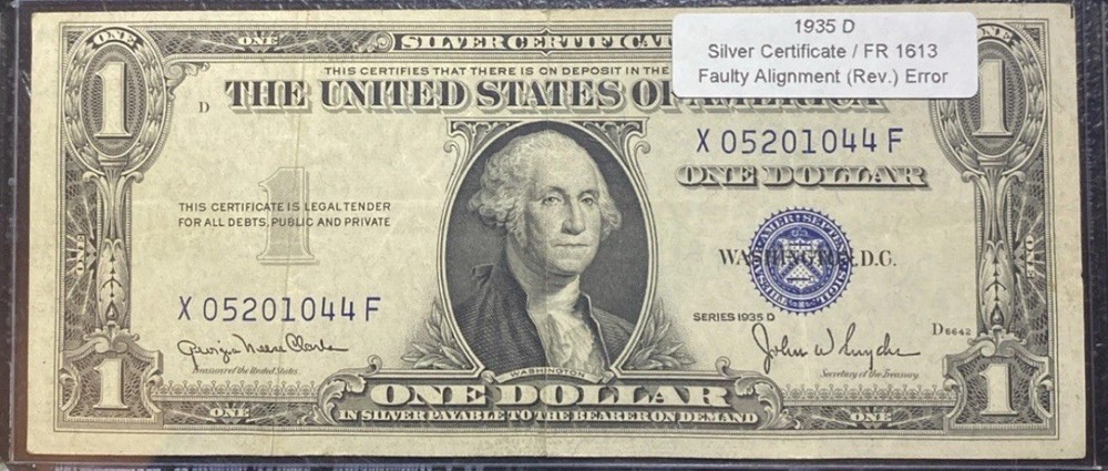 1935D $1 Silver Certificate With Major Reverse Misalignment Error FREE SHIPPING