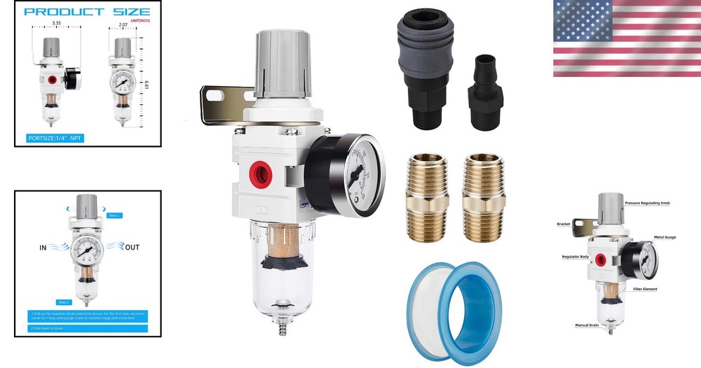 Durable 1/4" NPT Air Regulator with Brass Filter Element and Poly Bowl Design