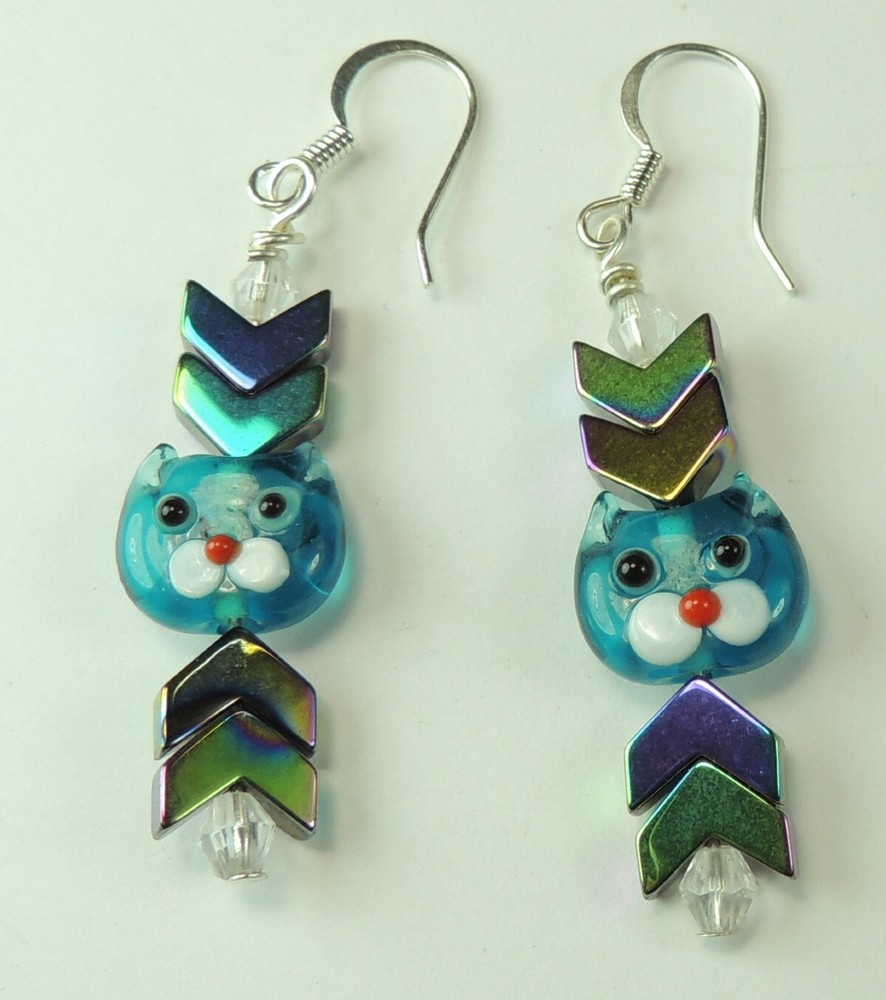 Cat Lampwork with Hematite Beads Handmade Jewelry
