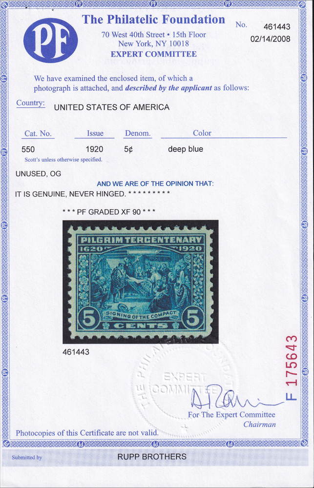 US Scott #550, PF Graded 90, XF centering, Mint, Never Hinged, SCV Value $170.