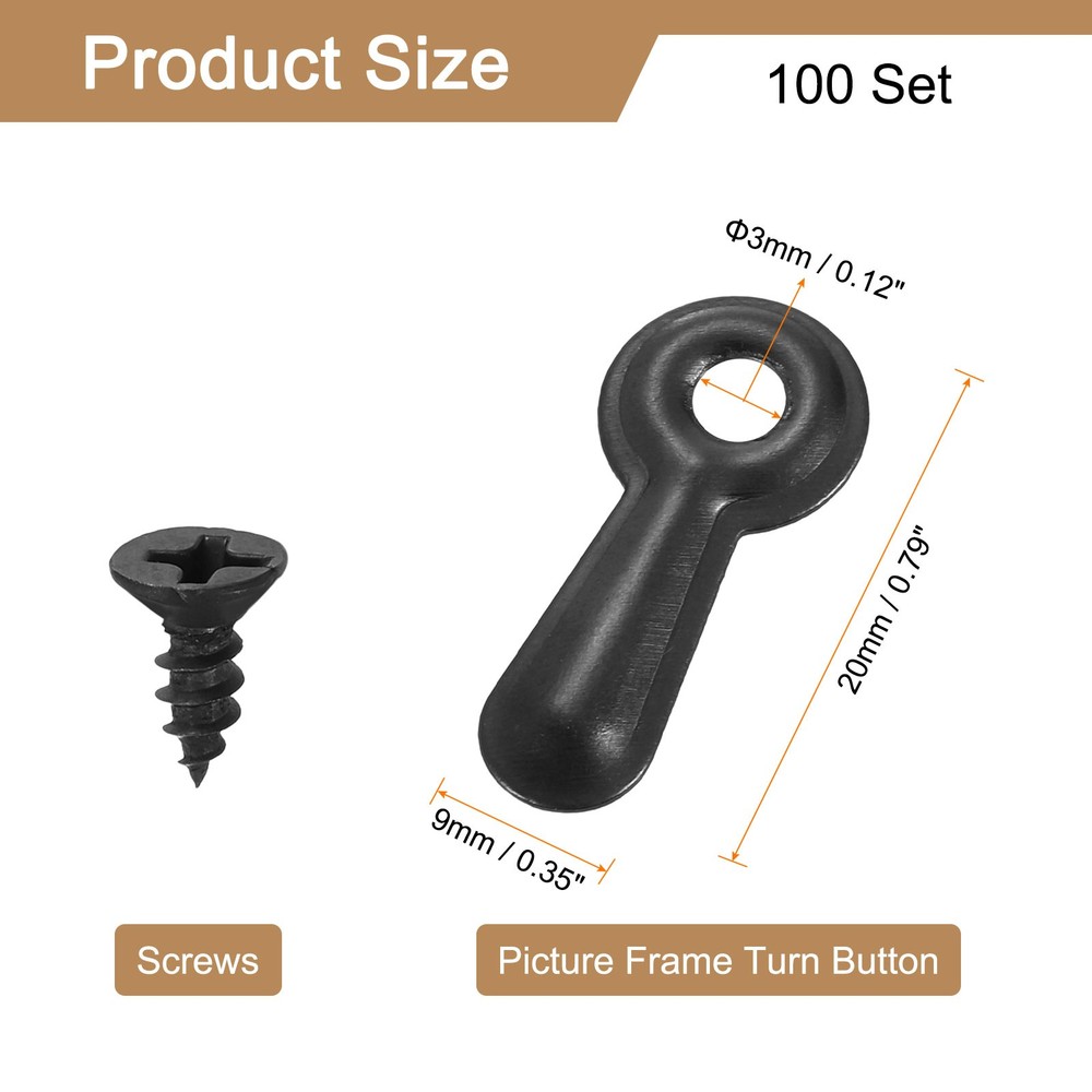 100Pcs Picture Frame Turn Button, Frame Backing Fastener with Screws, Black