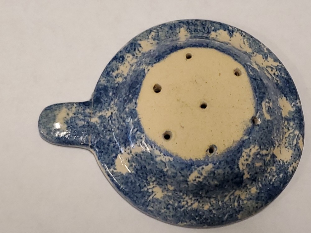 vintage hand made ceramic spatterware tea strainer, blue & white, 4" w/ handle