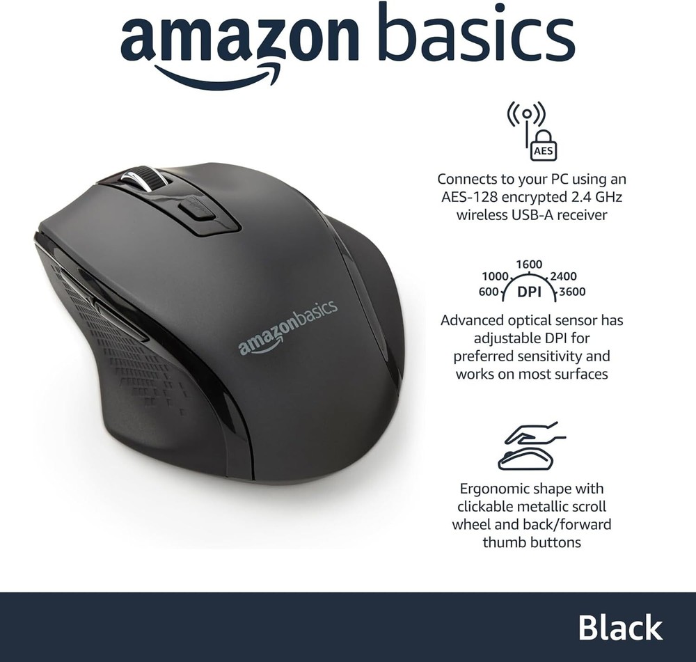 Amazon Basics Ergonomic 2.4 Ghz Wireless Optical PC Mouse DPI Adjustable Black($