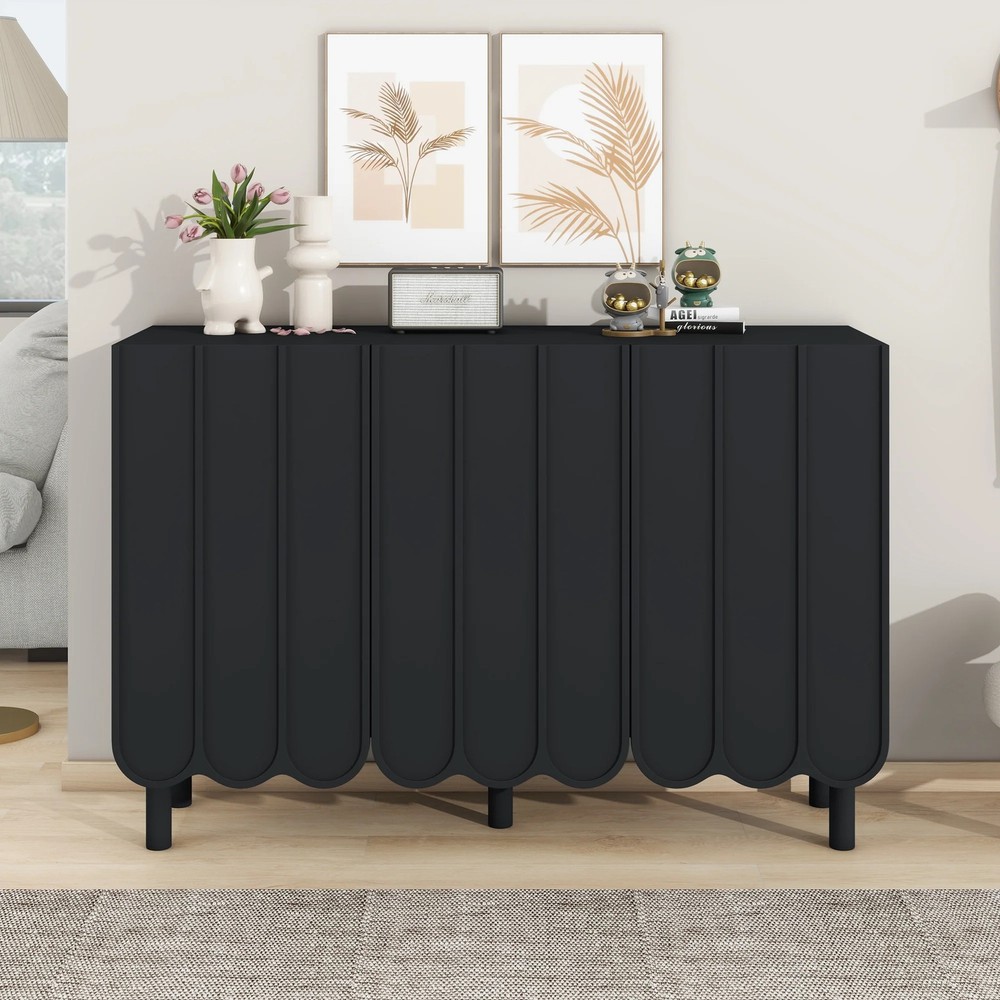 On-Trend Minimalist Black Shoe Cabinet, Wave Doors, Solid Legs