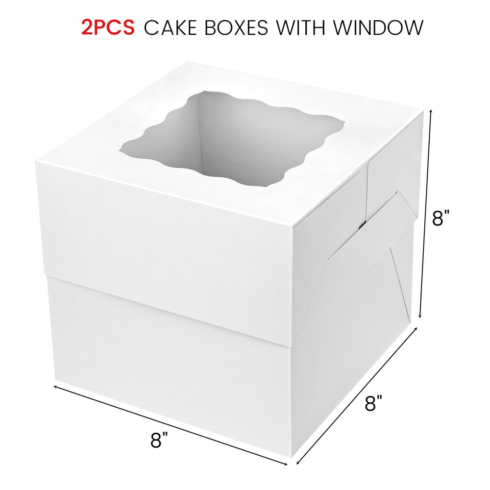 2 PCS Cake Boxes With Window 8x8x8 Inch White Bakery Container Birthday