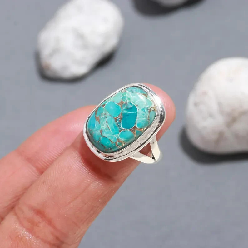 Natural Mohave Turquoise 925 Sterling Silver Band& Statement Ring Handmade Ring