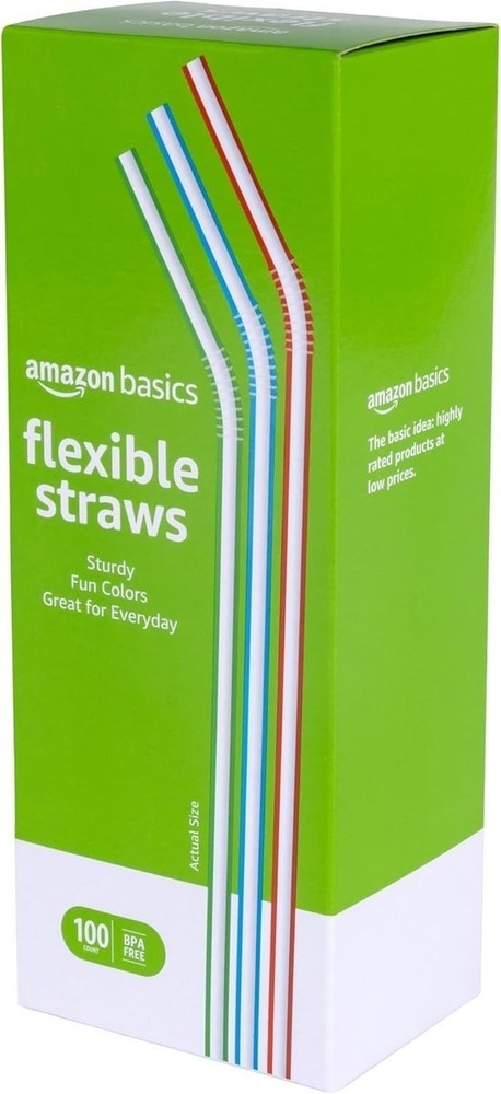 Amazon Basics Disposable Striped Plastic Flex Straws, 7.5" Long, Assorted Colors