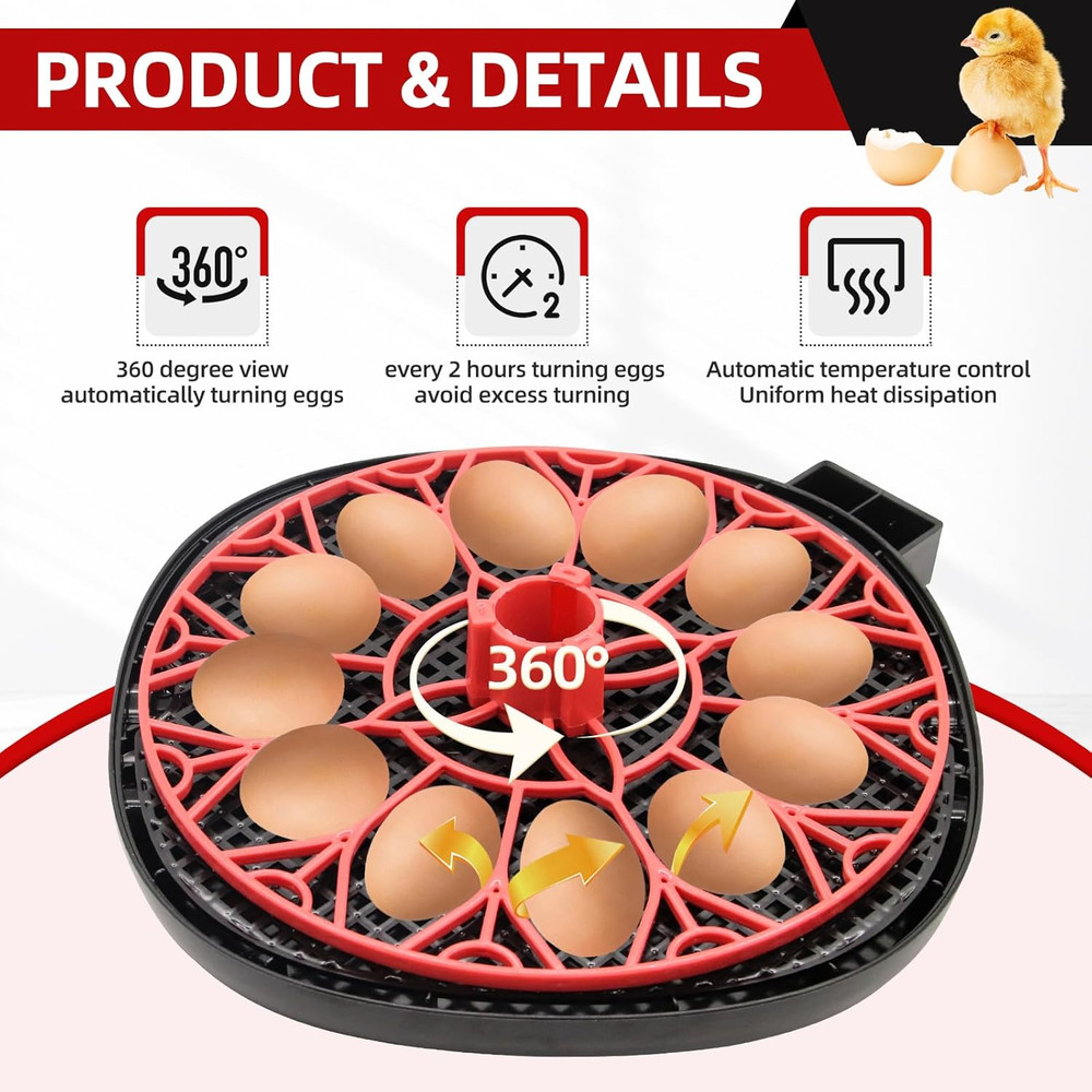 12 Egg Incubator with Humidity Display, Egg Incubator with Automatic Egg Turning