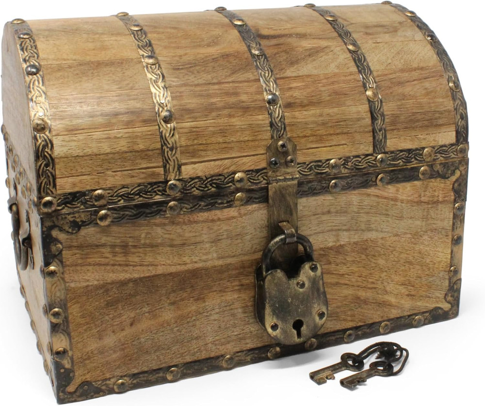 Antique Wood Treasure Chest with Lock & Keys - Medium Keepsake Box