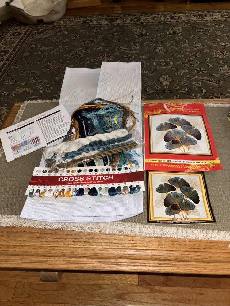 Gingko Embroidery Kit Pre Printed. Complete Opened Package.