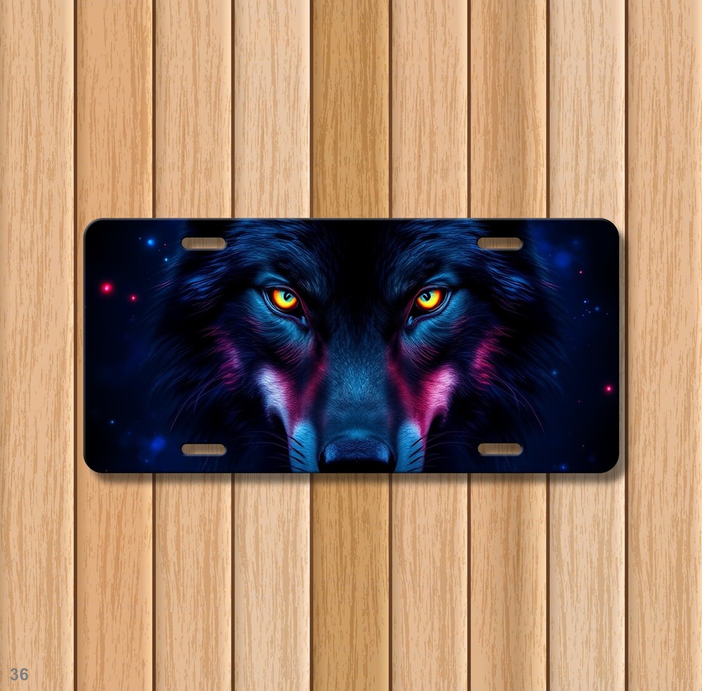 Intense Wolf License Plate Optional Text Auto Tag Anniversary Gift