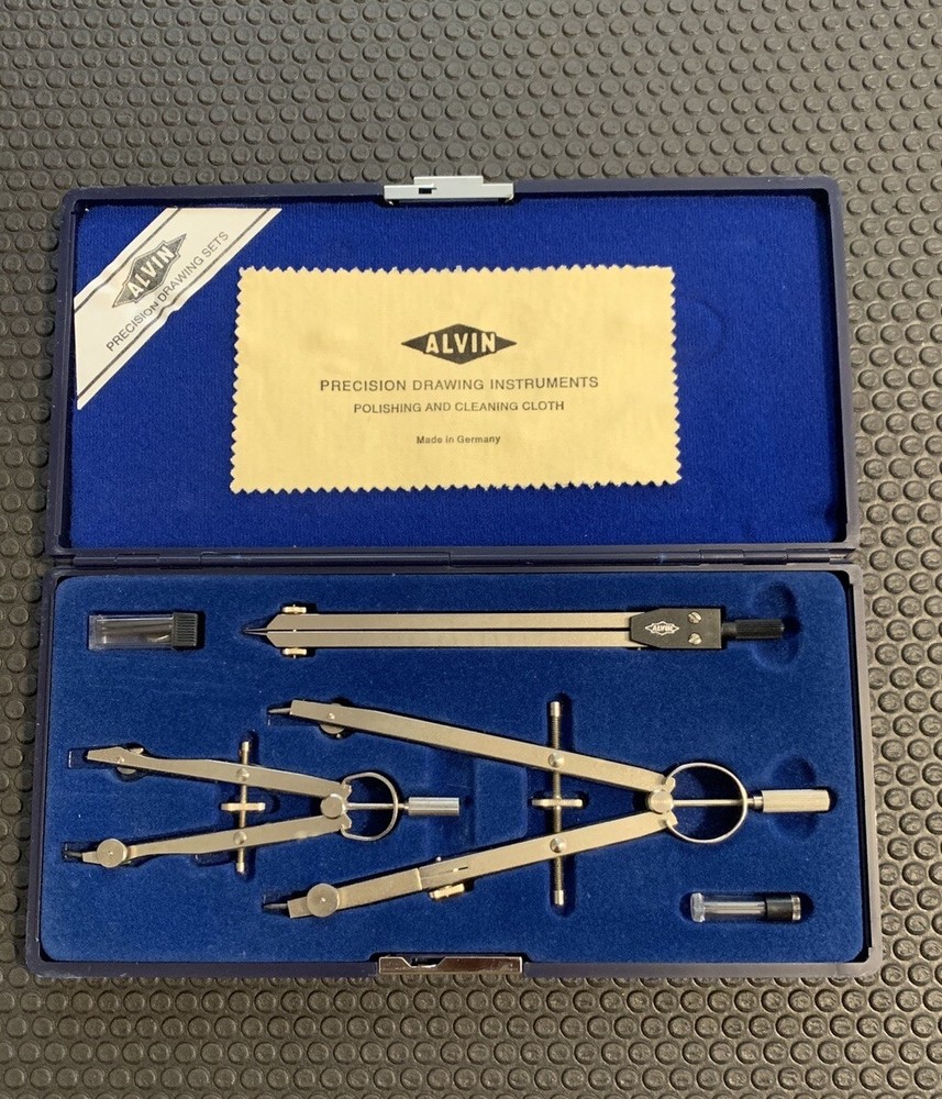 Alv￼in Vintage Precision Drawing Drafting Compass Tools In Shadow Box Lined Case
