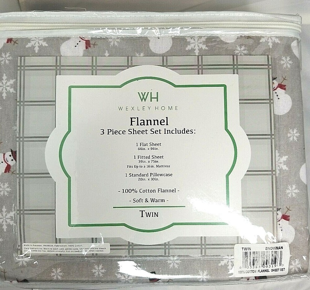 Wexley Home 100% Cotton Flannel Twin Sheet Set Snowman Pattern