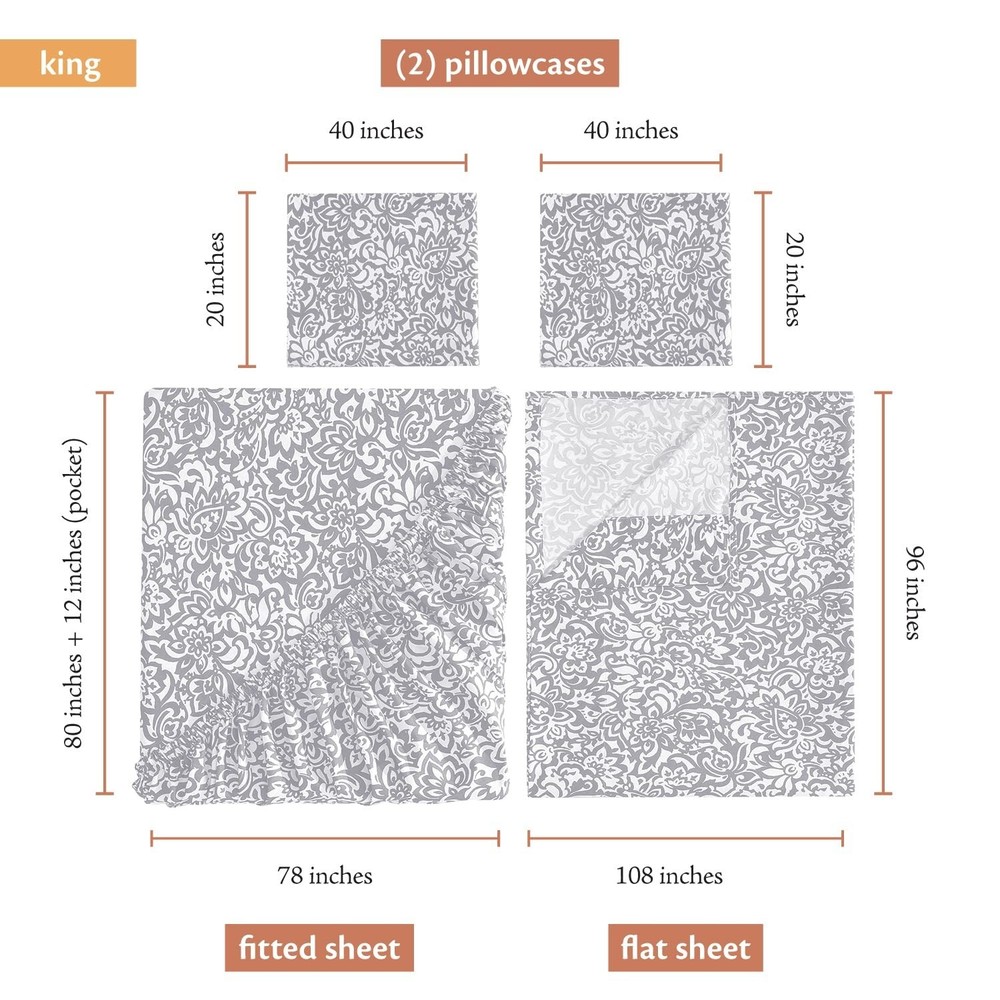 Indigo Ink - King Size Sheet Set, 4-Piece Boho Floral Damask Patterned Beddin...