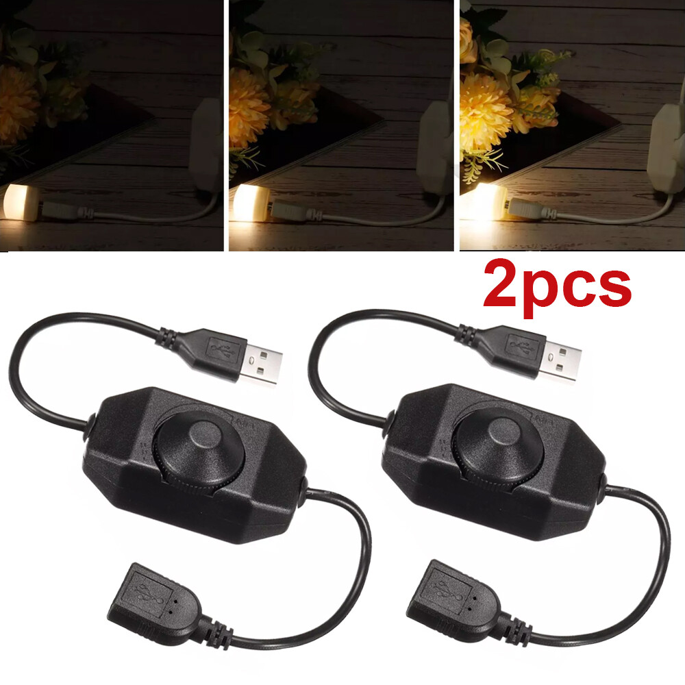 2pc 5V USB PWM Rotary Inline Dimmer Switch for LED Strips Lights Black