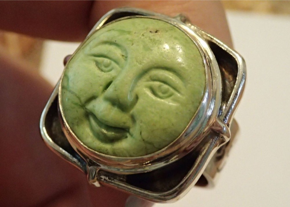 Sterling Silver Ring with Lime Jasper carved Face. adj