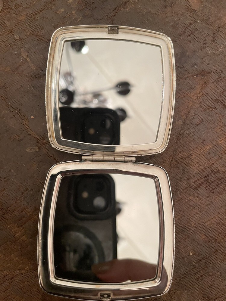 Retro Art Deco Silver Opal Crystal Fiore Mirror Compact W/ Push Button Closure