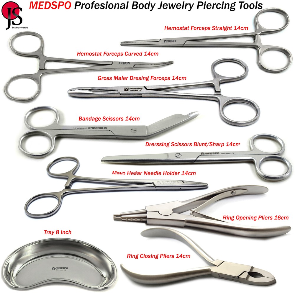 Basic Essential Body Piercing Instruments Tray Clamp Ring Closing Opening Pliers