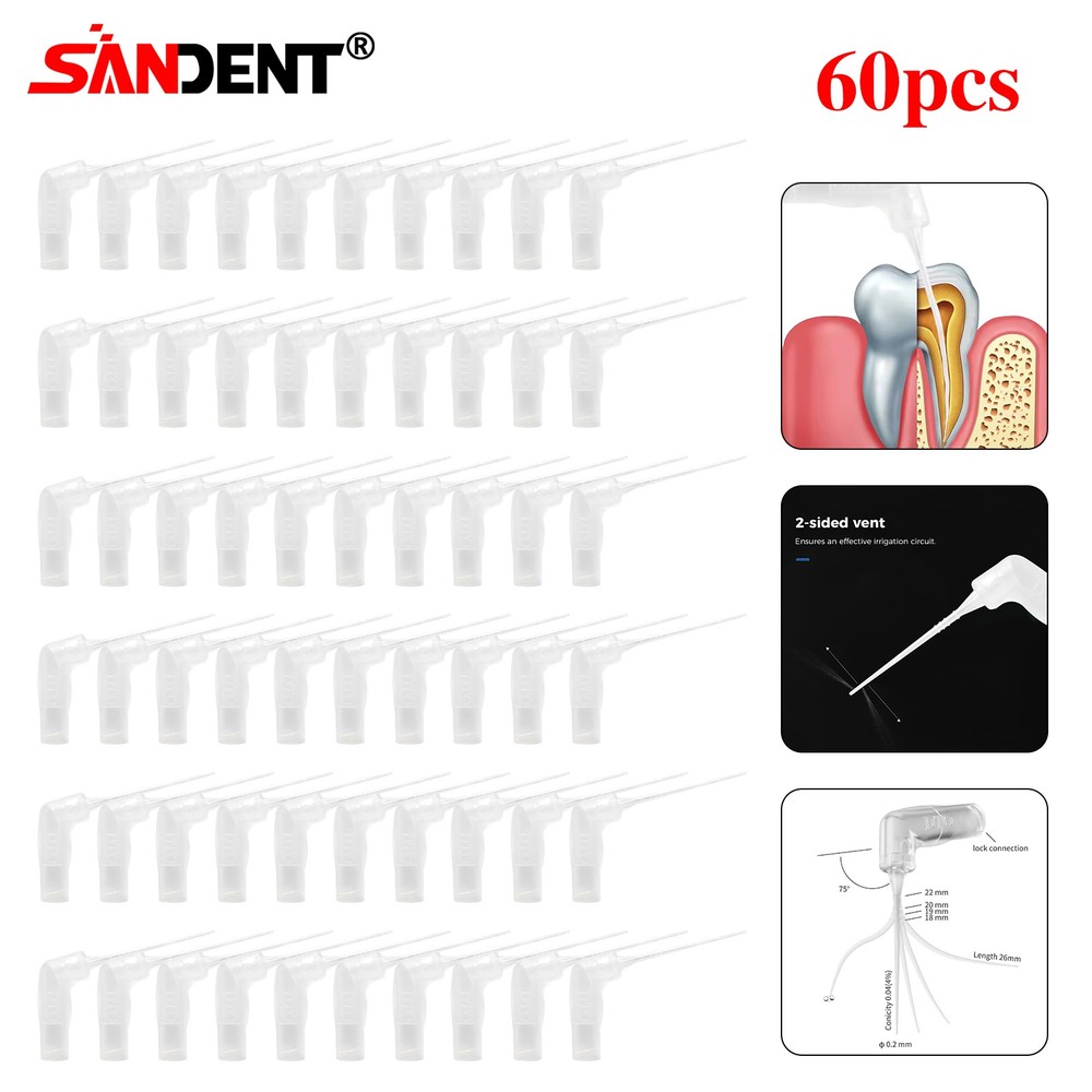 60Pcs Dental 75°Irrigator Root Canal Irrigation Needle Tips 26GA Luer Lock Tip