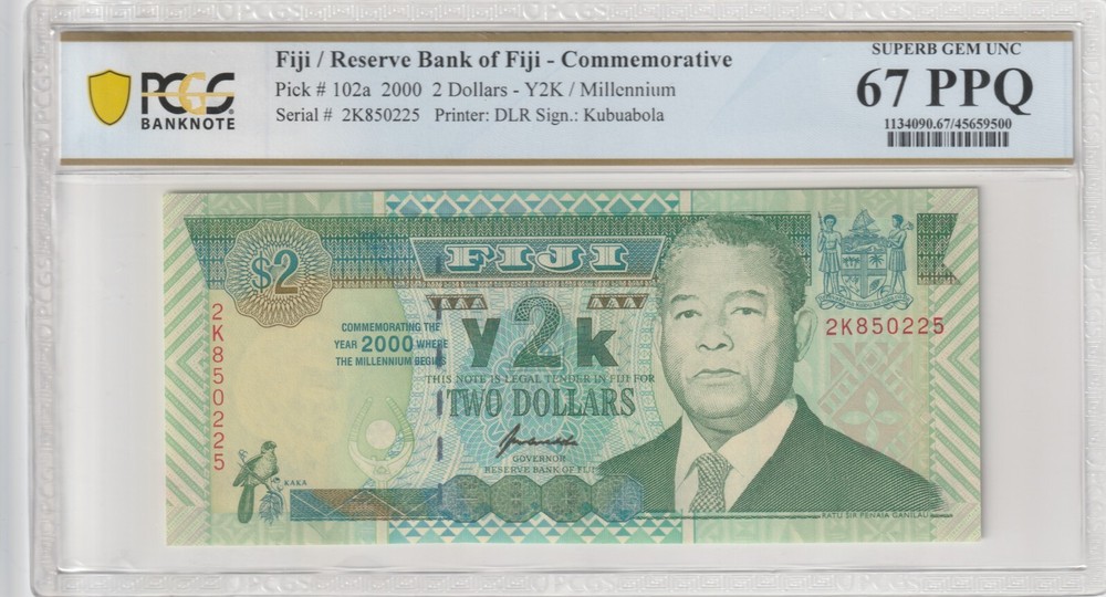 Fiji 2000 2 Dollars PCGS Certified Banknote UNC 67 PPQ Pick 102a