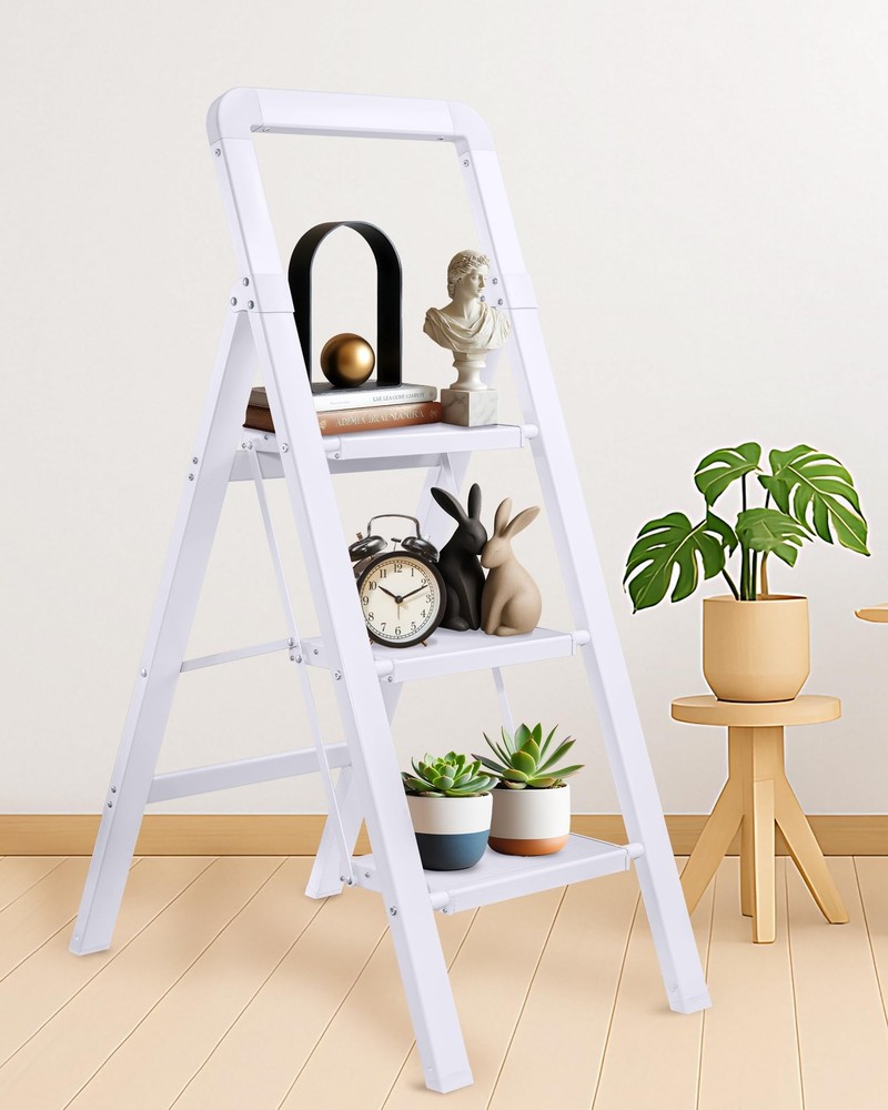 Step Ladders Folding 3-Step White Finish Aluminum Foldable Stool Anti-Slip