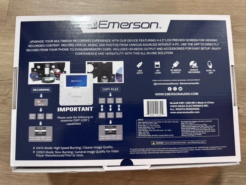Emerson EMT-1200-Multi Function Media Recorder with LCD Screen - White - New !!!