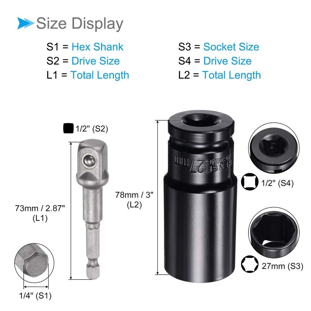 Deep Socket Set 27mm 1/2" Drive 6-Point Socket CR-V with 1/4" Hex Shaft