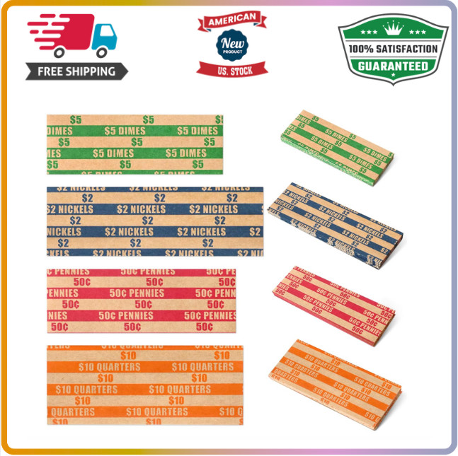 ESSENTIAL 100 pcs Assorted Packed Flat Stripped Coin Wrappers, Coin Rolls Wrappe
