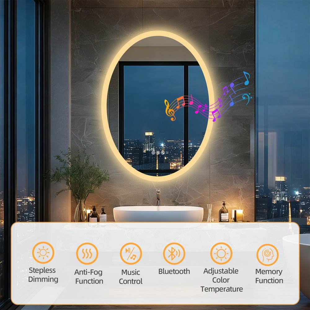 Oval LED Bathroom Bluetooth Mirror Touch Antifog Memory 3 Color Light Adjustable