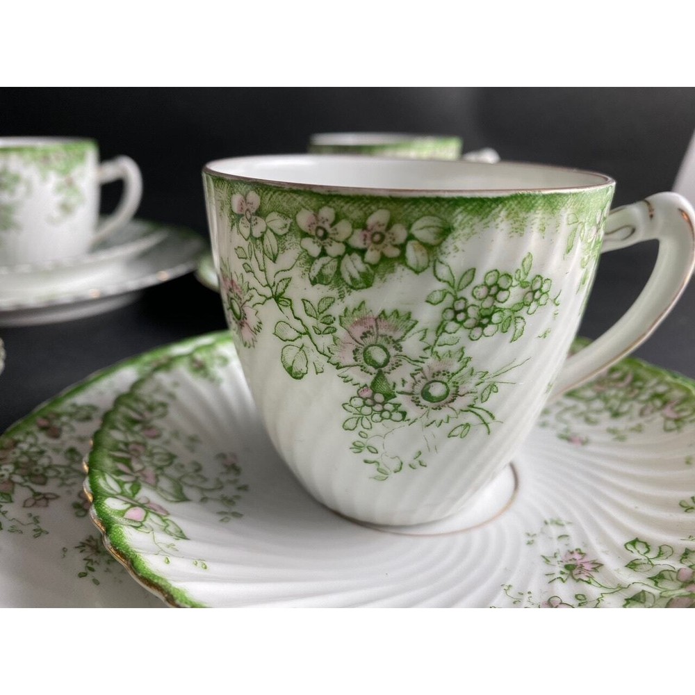 Antique 13-Piece Tea Set - Delicate Green Leaf & Pink Flower Pattern