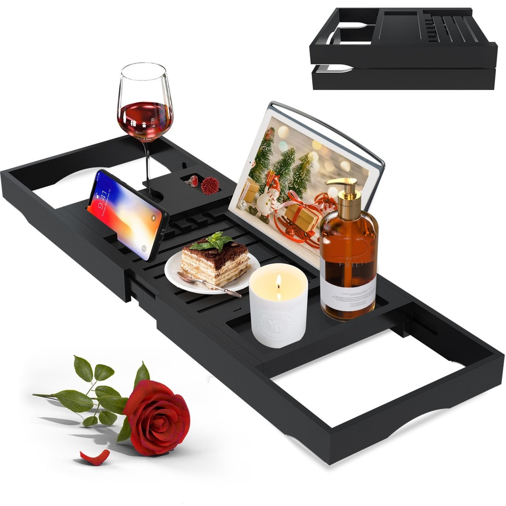 Luxury Bathtub Caddy Tray for Tub - Foldable Bamboo Bath Foldable, Black