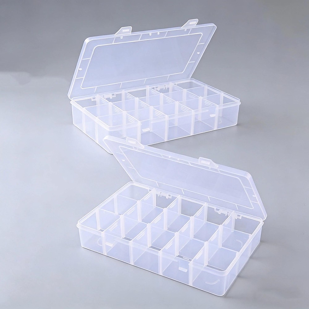 2 Pack Plastic Organizer Box with 14 Removable Dividers,15-Compartment Clear ...