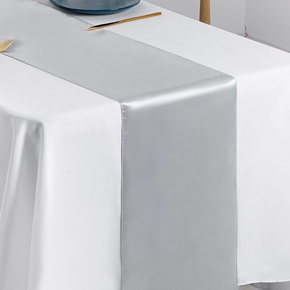 4 Pcs Silver Satin Table Runner 12 x 108 Inch Long Bright Smooth Decorations