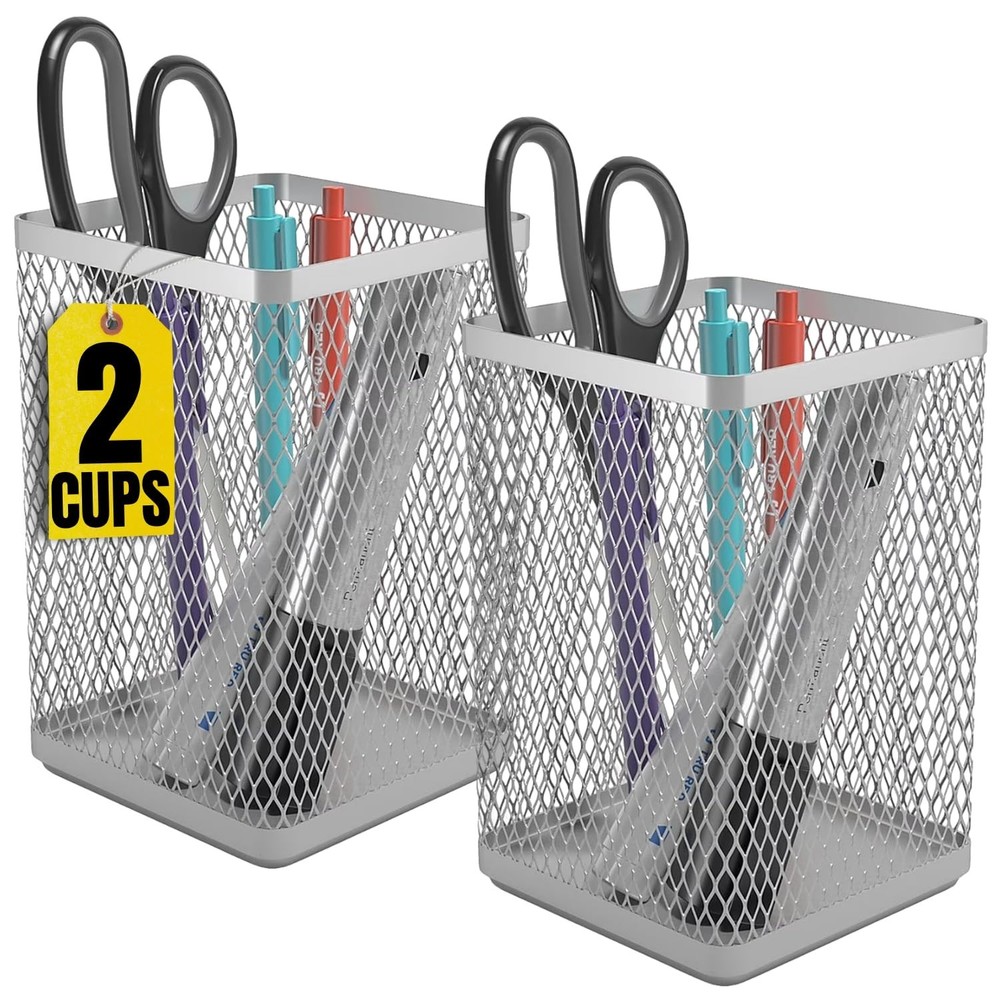 Large Pen Holder, Big Tall Pencil Cup, Silver Wire Mesh ''2 Pack''